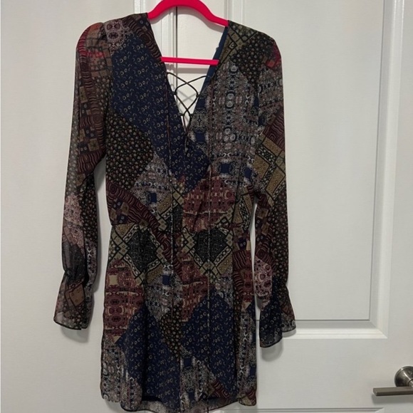 BCBGeneration Patchwork Long Sleeve Romper - Black, Blue, Brown - Picture 1 of 3